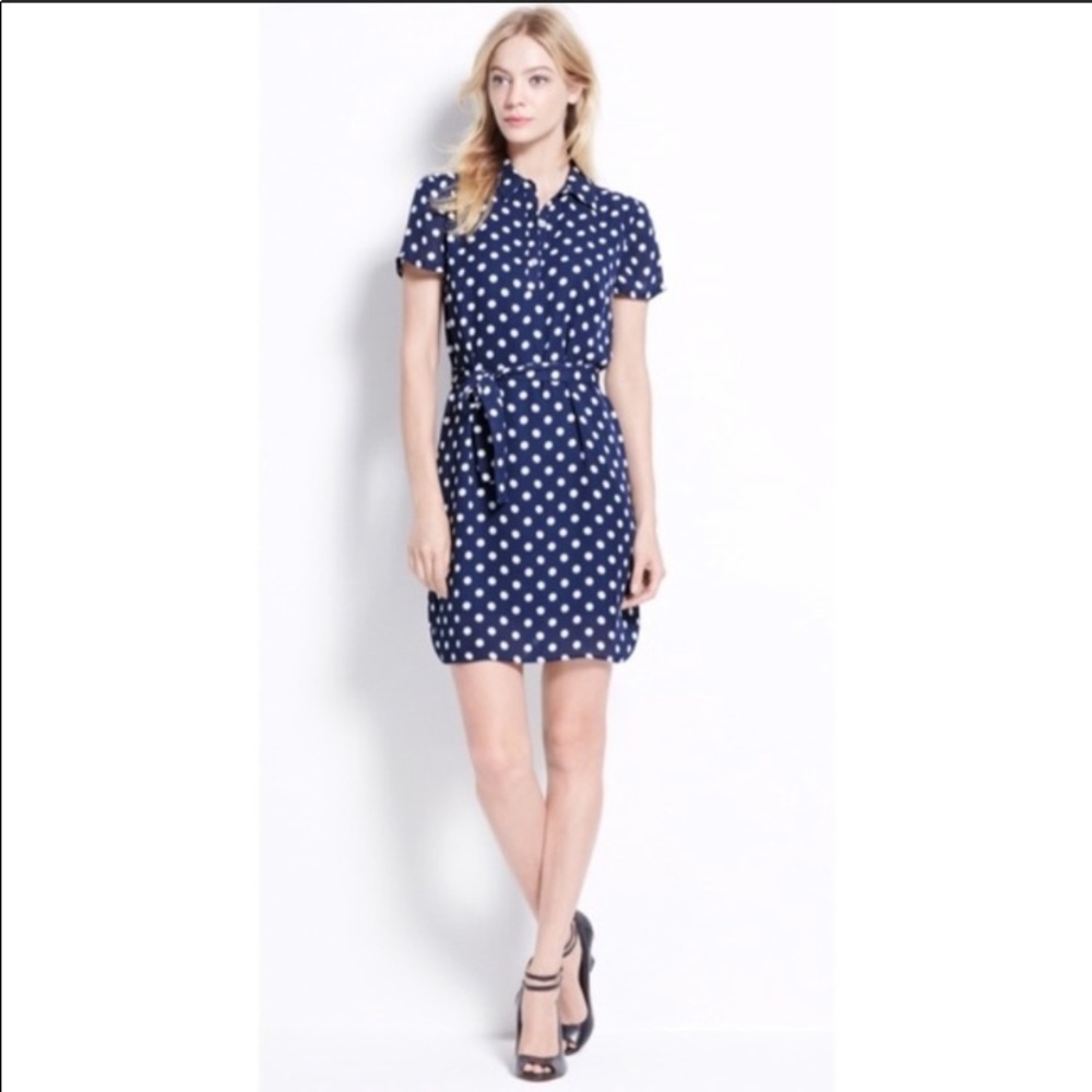Ann Taylor Belted Blue & White Polka Dot Dress XS